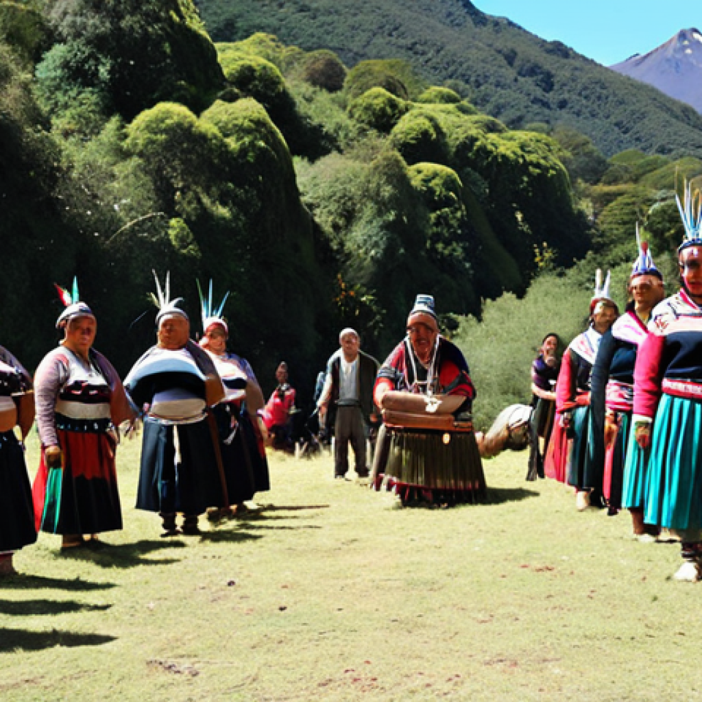 **A vibrant Nguillatún ceremony in Southern Chile. Depict Mapuche people in traditional clothing, dancing and offering gratitude to ancestral spirits amidst a lush natural landscape. Focus on the palpable energy and connection with nature.**