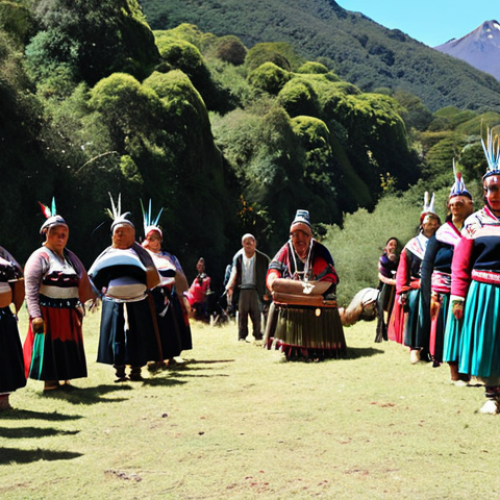 Home 18 **A vibrant Nguillatún ceremony in Southern Chile. Depict Mapuche people in traditional clothing, dancing and offering gratitude to ancestral spirits amidst a lush natural landscape. Focus on the palpable energy and connection with nature.**