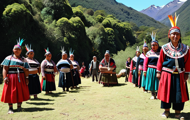 **A vibrant Nguillatún ceremony in Southern Chile. Depict Mapuche people in traditional clothing, dancing and offering gratitude to ancestral spirits amidst a lush natural landscape. Focus on the palpable energy and connection with nature.**