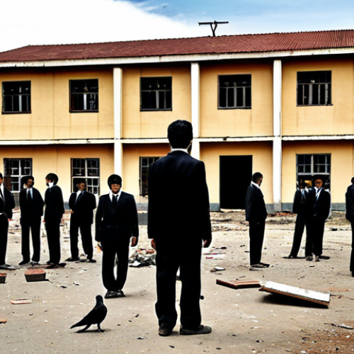 Home 17 **
A dilapidated public school in Chile, showcasing poor infrastructure and a lack of resources. Overlaid, in a slightly transparent style, are stacks of Chilean Pesos flowing away from the school towards shadowy figures in suits. The image aims to capture the impact of corruption on education and the diversion of funds. Emphasize a somber and realistic tone.
**