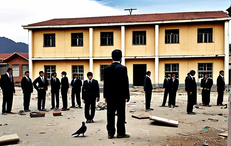 **

A dilapidated public school in Chile, showcasing poor infrastructure and a lack of resources. Overlaid, in a slightly transparent style, are stacks of Chilean Pesos flowing away from the school towards shadowy figures in suits. The image aims to capture the impact of corruption on education and the diversion of funds. Emphasize a somber and realistic tone.

**