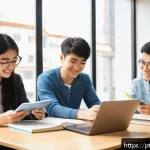 Home 18 칠레에서 한국어를 배우는 사람들 - A modern study group scene in Santiago, Chile, showing diverse young adults in casual clothing and w...