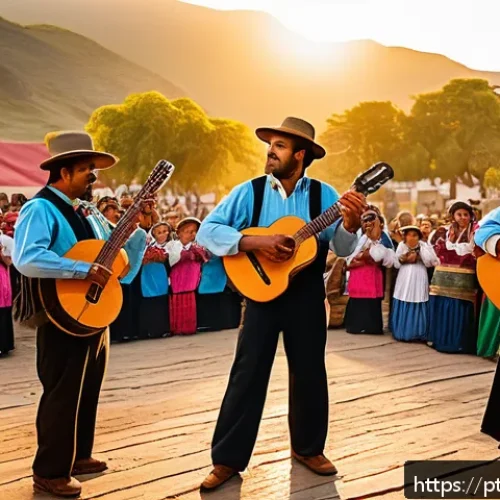 Home 17 칠레 전통 음악과 춤 - A vibrant outdoor scene of a traditional Chilean folk music festival at sunset, featuring musicians ...