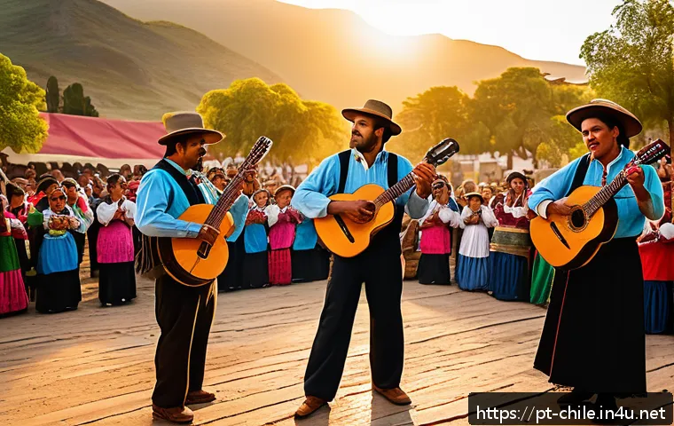 칠레 전통 음악과 춤 - A vibrant outdoor scene of a traditional Chilean folk music festival at sunset, featuring musicians ...