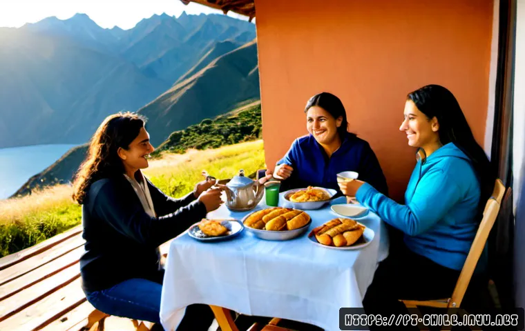 칠레와 인접국 문화 차이 - Photorealistic travel lifestyle scene showing cultural contrast at a mountain border: a Chilean fami...