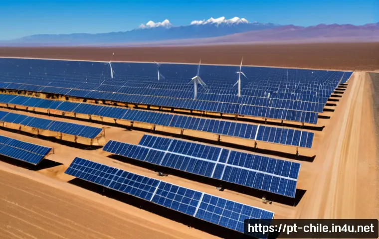 Home 26 칠레의 친환경 에너지 산업 - Photorealistic aerial view of Chile’s Atacama Desert renewable energy landscape, vast rows of solar ...