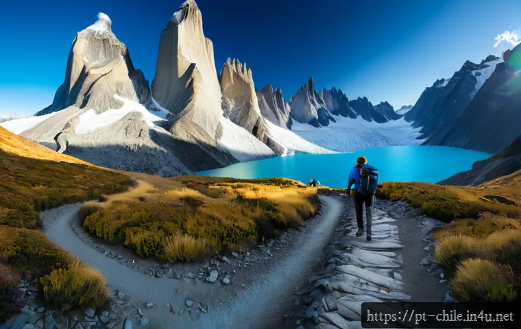 칠레 파타고니아 트레킹 코스 - Photorealistic wide-angle view of hikers trekking along a dramatic mountain trail in Chilean Patagon...